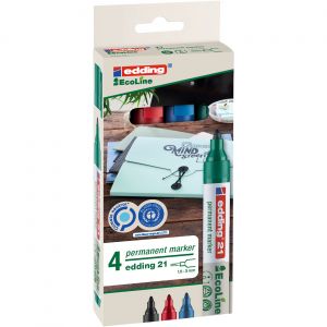 edding 21 EcoLine Marqueur permanent - 90% de plastique recycl&eacute; - pointe ogive 1,5 - 3 mm - Pochette 4 couleurs assorties
