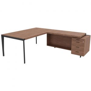 Bureau d'angle direction Arold 172 x 234 avec retour caisson porteur à droite Placage bois noyer - Piètement métal gris