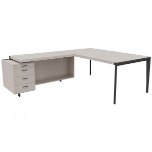 Bureau d'angle direction Arold 192 x 234 avec retour caisson porteur à gauche Placage bois orme gris - Piètement métal gris