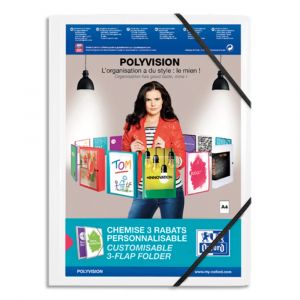 OXFORD Chemise 3 rabats et &eacute;lastique personnalisable Polyvision en polypro 5/10e. A4. Blanc opaque