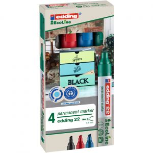 edding 22 EcoLine Marqueur permanent - 90% de plastique recycl&eacute; - pointe biseaut&eacute;e 5 mm - Pochette 4 couleurs assorties