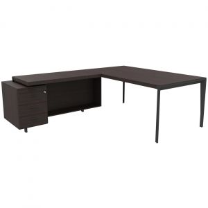 Bureau d'angle direction Arold 192 x 234 avec retour caisson porteur à gauche Placage bois ébène - Piètement métal gris