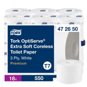 Tork Papier toilette OptiServe - T7- Rouleau de 550 feuilles -  3 plis - Sans mandrin Premium - Blanc - 472650 - Carton de 18 rouleaux