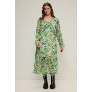 Robe maxi trap&egrave;ze en mousseline. Imprim&eacute; floral, d&eacute;collet&eacute; en V et manches longues