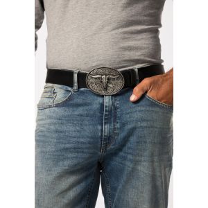 Ceinture en cuir véritable, boucle en métal avec crâne de buffle, longueur max. 170 cm
