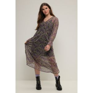 Robe maxi trap&egrave;ze en mousseline. Imprim&eacute; discret, d&eacute;collet&eacute; en V et manches longues