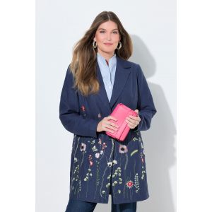 Blazer esprit redingote, lin m&eacute;lang&eacute;, fleurs brod&eacute;es et col tailleur