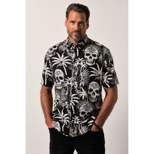 Chemise en jersey JP 1880, manches courtes et col &agrave; pointes boutonn&eacute;es, motif t&ecirc;te de mort, coupe Modern Fit - jusqu'au 8 XL