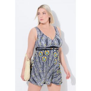 Robe de bain motif plumes de paon. Bonnets souples et doublure Powermesh. Mati&egrave;res recycl&eacute;es