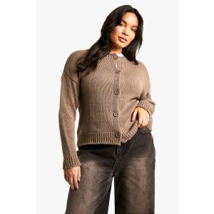 Cardigan Grande Taille À Col Rond Et Devant Boutonné - Marron Taupe - 48-50, Marron Taupe