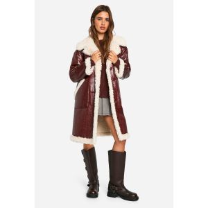 Veste Aviateur Longue En Synthétique Avec Garniture Teddy - Rouge Bordeaux - 36, Rouge Bordeaux