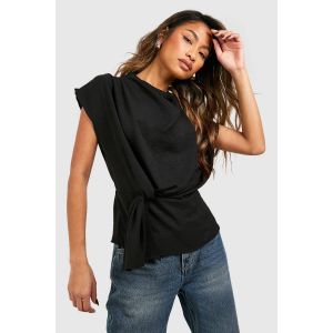 Blouse À Col Drapé À Noeud Frontal Martelé - Noir - 34, Noir