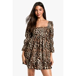 Robe Peignoir Léopard À Manches Bouffantes Froncées - Marron - 44, Marron