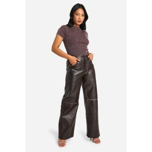 "Petite" - Pantalon Large Délavé En Synthétique - Marron Chocolat - 36, Marron Chocolat