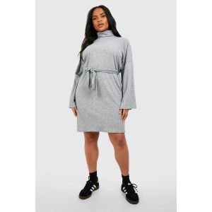 Robe Patineuse "Plus" En Maille Côtelée Douce À Col Roulé Et Ceinture Nouée - Gris Perle - 44, Gris Perle