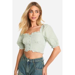 Crop Top En Vichy Avec Ourlet À Volants Et Manches Bouffantes - Vert Mastic - Xs, Vert Mastic