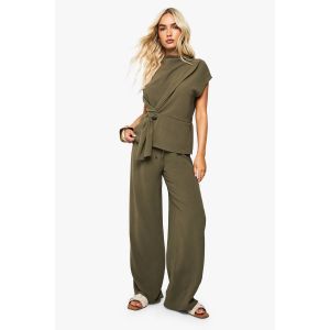 Chemisier Drapé Tissé Et Ensemble Pantalon Coordonné - Vert Olive - 40, Vert Olive
