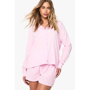 Crinkle Button Through Shirt & Short Co-Ord - Rose - 36, Rose