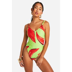 Maillot De Bain Floral Noué Plongeant - Vert Fluo / Néon - 36, Vert Fluo / Néon