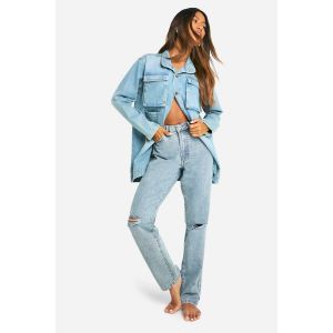Boohoo Basics Jeans Jambe 32 Pouces, Taille Haute, Coupe Droite, Déchirures Aux Genoux - Bleu - 36, Bleu
