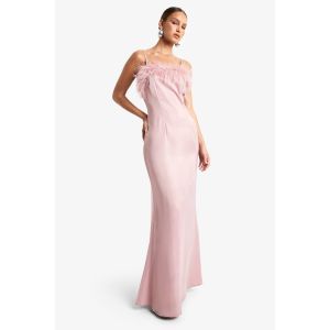 Robe Longue En Satin Ornée De Garniture En Plumes - Rose Clair - 44, Rose Clair