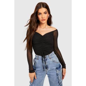 Mesh Rouche Front Bodysuit - Noir - 44, Noir