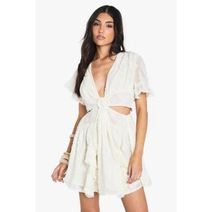 Burnout Floral Angel Sleeve Skater Dress - Blanc Ivoire - 44, Blanc Ivoire
