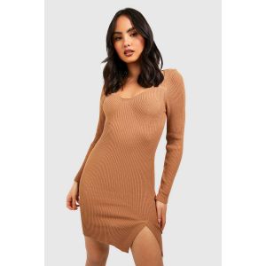 Mini Robe En Maille Côtelée - Marron Camel - M/L, Marron Camel