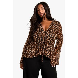 "Plus" Leopard Tie Front Ruffle Blouse - Marron - 52, Marron