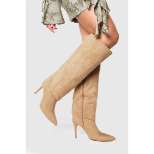 Bottes Montantes À Revers, Bout Pointu Et Talon Haut - Marron Taupe - 41, Marron Taupe