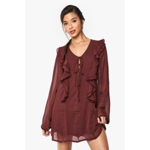Robe Courte Nouée À Volants En Mousseline De Soie - Marron Chocolat - 38, Marron Chocolat
