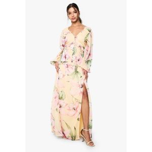 Robe Maxi Longue À Manches Longues En Chiffon Floral Avec Taille Plissée - Blanc Cassé - 40, Blanc Cassé