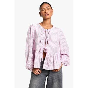 Haut Smock Rayé Rose Et Vert Avec Nœud À L'Avant Et Manches Longues Bouffantes - 34, Rose