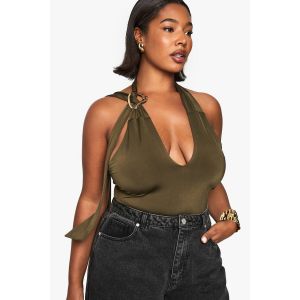 "Plus" Halter Keyhole Ruched Side Top - Vert Olive - 54, Vert Olive
