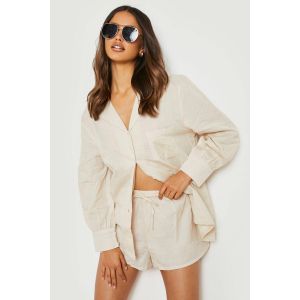 Chemise Type Boyfriend Look Lin & Shorts À Coupe Décontractée - Gris Pierre - 36, Gris Pierre