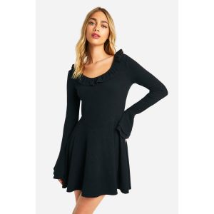 Robe Smock En Jersey Côtelé Avec Manches Évasées - Noir - 44, Noir