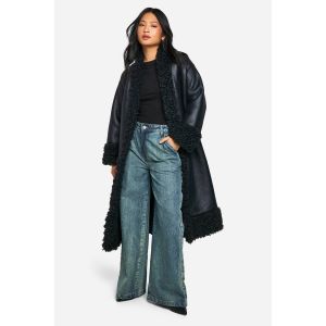 "Petite" Teddy Trim Belted Faux Leather Coat - Noir - 38, Noir