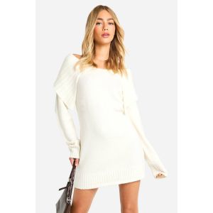 Robe Pull En Tricot Doux, Col Oversize, Décolleté Épaules Dénudées - Blanc Écru - L, Blanc Écru