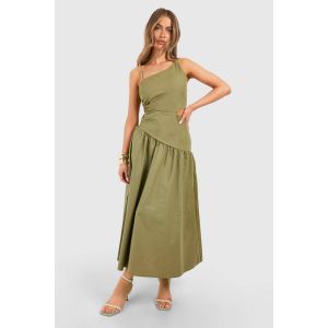 Linen Look Robe Midaxi Asymétrique À Découpe - Vert Olive - 46, Vert Olive