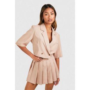 Linen Look Boxy Crop Blazer - Marron Camel - 36, Marron Camel
