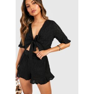 Broderie Top Noué & Shorts À Ourlet Volant - Noir - 38, Noir