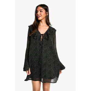 Robe Courte À Volants Et Imprimé Pois - Noir - 42, Noir