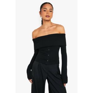 Top À Manches Longues Décolleté Bardot Avec Détails Boutonnés - Noir - 38, Noir