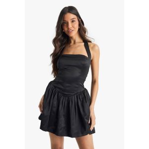 Satin Robe Mini À Encolure Halter, Taille Basse Et Volume - Noir - 44, Noir