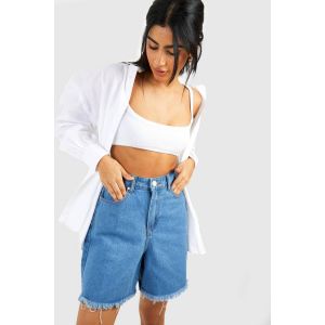 Shorts En Denim Taille Haute Et Longue Avec Ourlet Effiloché - Bleu Clair - 36, Bleu Clair