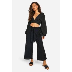 Linen Look Crop À Manches Ballon Et Pantalon Large - Noir - 40, Noir