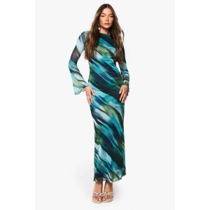 Robe Maxi Imprimé Flou À Dos Échancré - Vert - 46, Vert