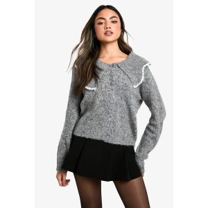 Cardigan En Tricot À Col Duveteux - Gris Perle - S, Gris Perle