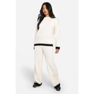 "Petite" Contrast Pull En Maille Et Pantalon Coordonné - Blanc Cassé - S, Blanc Cassé