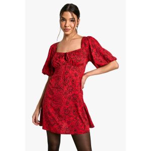 Robe Mini À Manches Bouffantes Paisley - Rouge - 36, Rouge